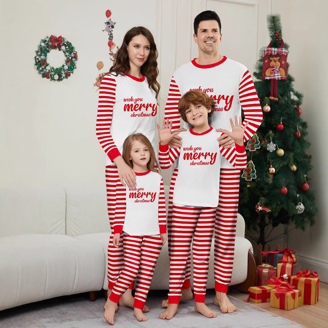 Red and White Stripe Letter Color-block Christmas Family Matching Printed Home Wear Pajamas