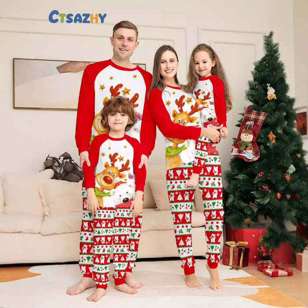 Christmas Deer Snowflake Bear Printed Pajamas for Family Comfortable Home Wear