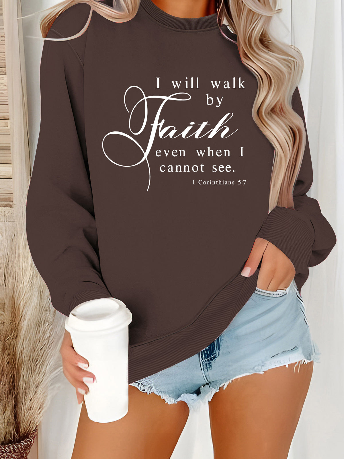 Round neck Faith Letter printed pullover sweatshirt sweatshirt