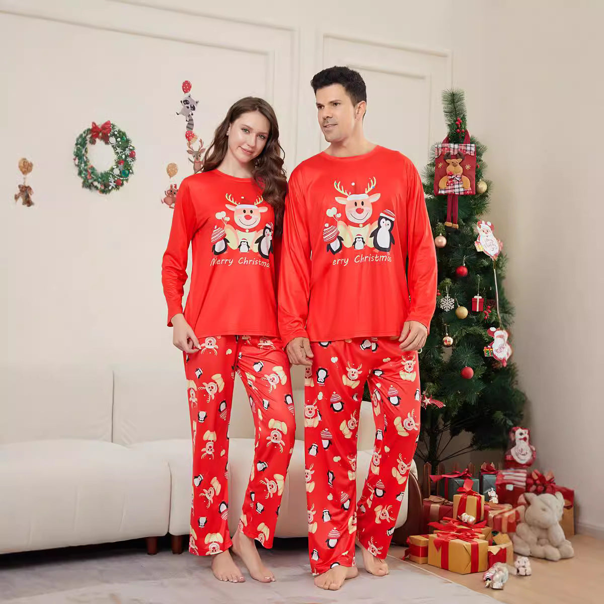 Christmas Deer Penguin Letter Print Family Matching Pajamas Sleepwear