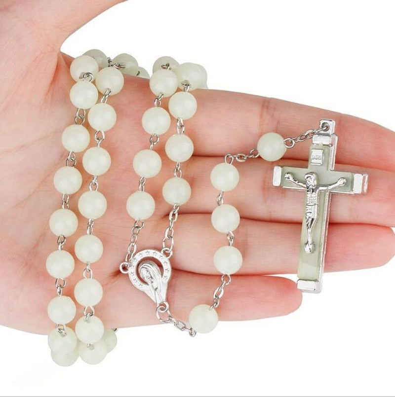 Classic Fashion Luminous Religious Style Christian Rosary Jewelry Luminous Rosary Cross Necklace
