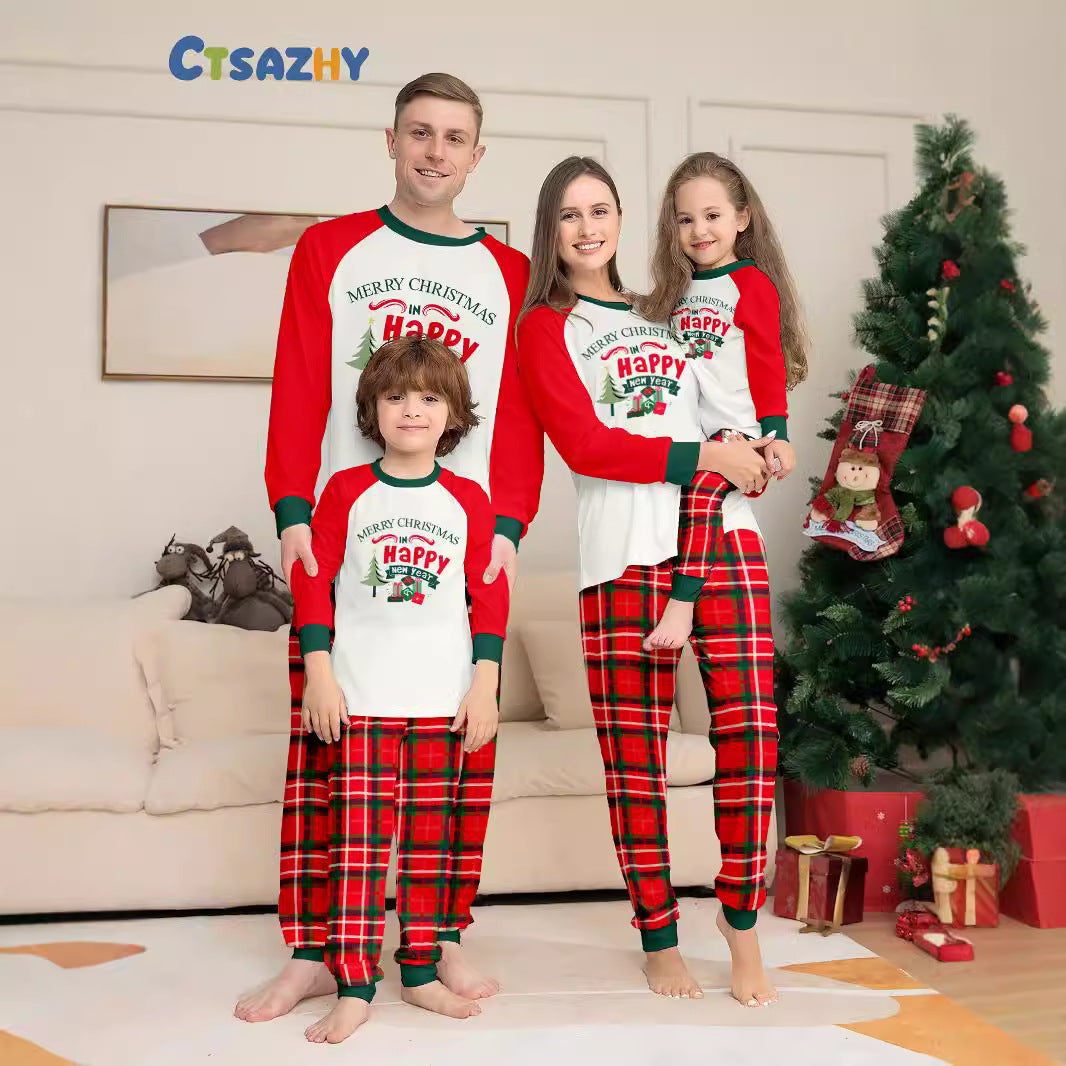 Christmas Family Matching Pajamas Letter Christmas Tree Print Red Plaid Set Sleepwear Home Wear