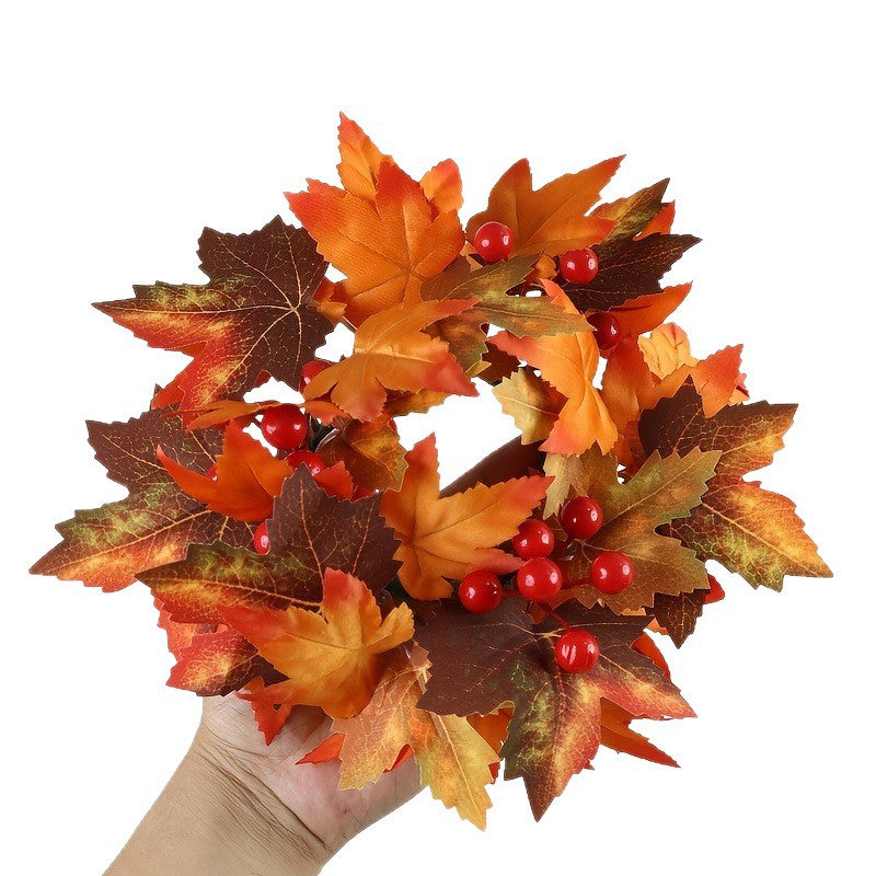 Faux Flower Wreath with Red Berries and Maple Leaves for Table and Living Room Decoration, Thanksgiving and Harvest Festival Berry Decor, Candle Holder Wreath