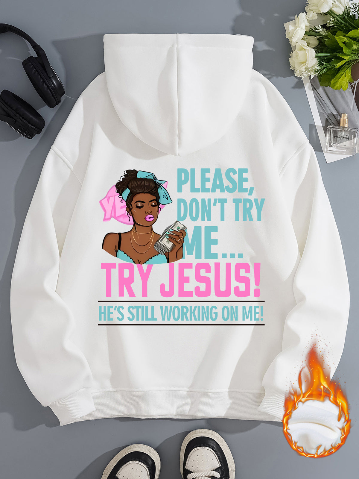 Long sleeved fleece sweatshirt top with TRY JESUS print