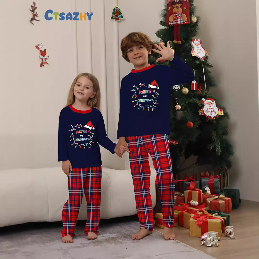Christmas Hat Letter Light Strip Christmas Family Matching Printed Loungewear Pajamas