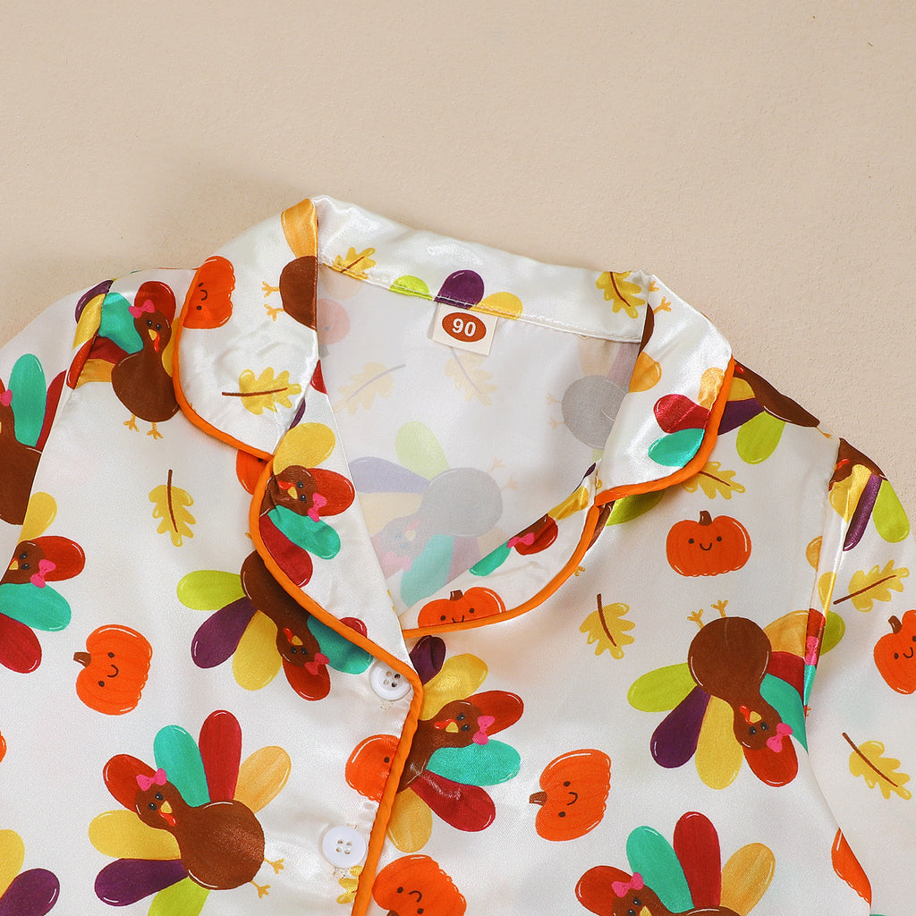 Thanksgiving Plush Sleepwear Set with Frayed Edges, Pumpkin and Turkey Print, Turn-Down Collar, Two-Piece Home Wear