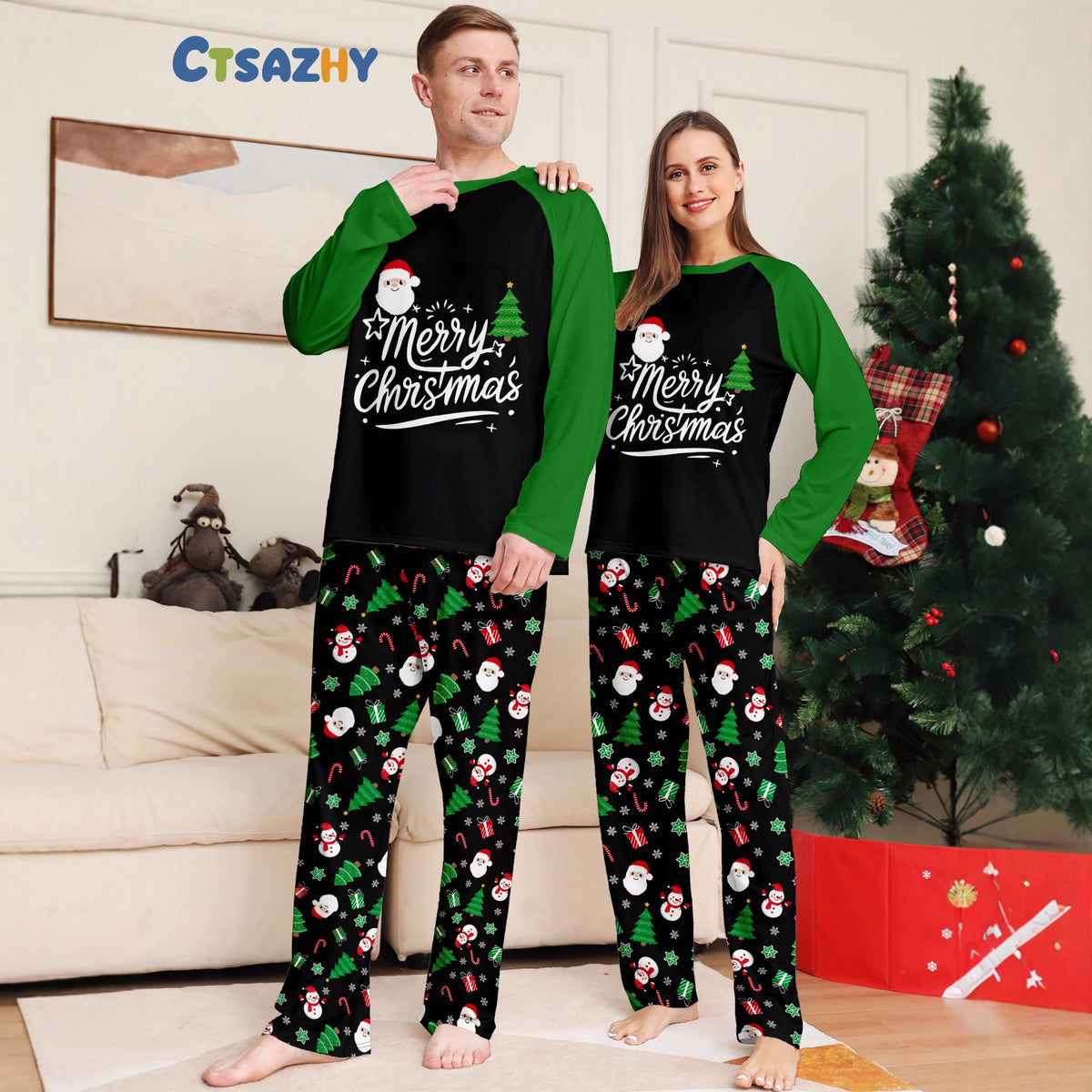 Christmas Family Matching Pajamas Long Sleeve and Pants with Christmas Tree, Santa Claus Letters Green Home Wear