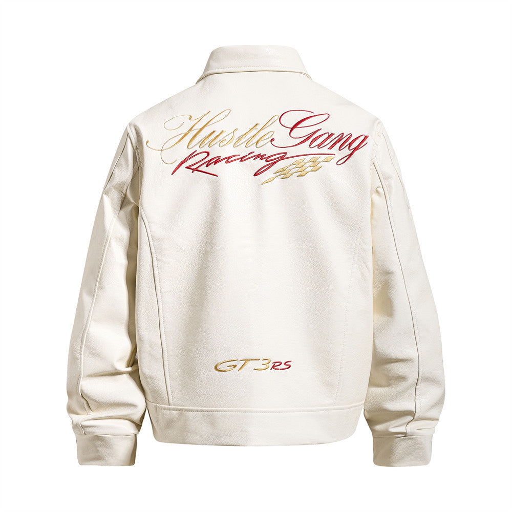 Embroidered PU leather jacket with letters