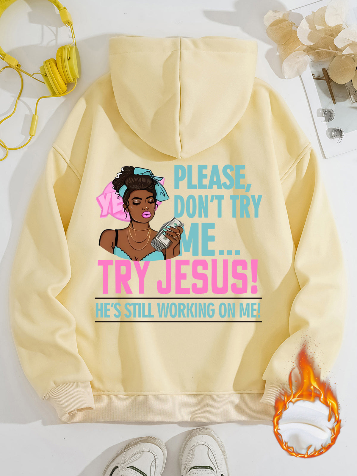 Long sleeved fleece sweatshirt top with TRY JESUS print
