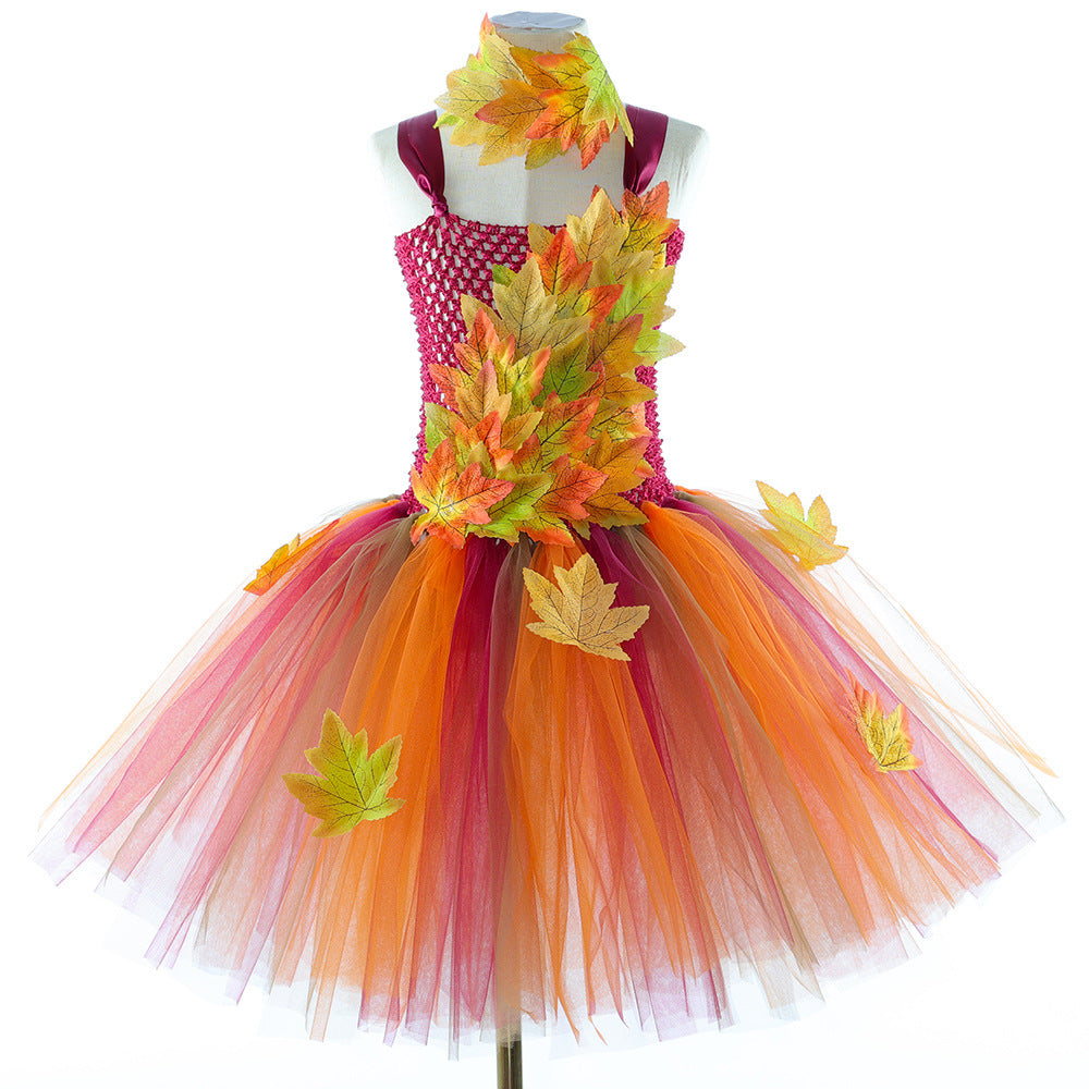 Halloween Style New Children's Realistic Maple Leaf Princess Dress Thanksgiving Girls Fairy Elf Tutu Skirt Tulle Puffy Dress