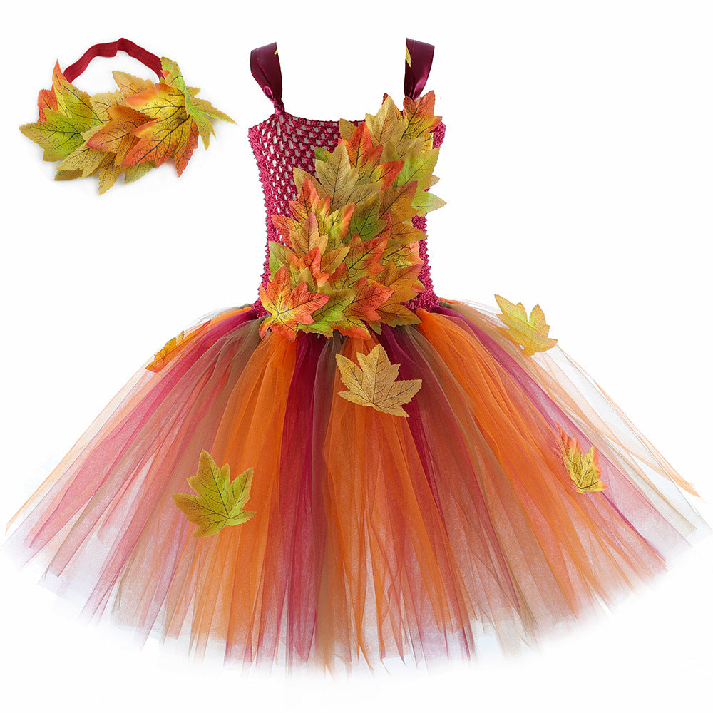 Halloween Style New Children's Realistic Maple Leaf Princess Dress Thanksgiving Girls Fairy Elf Tutu Skirt Tulle Puffy Dress