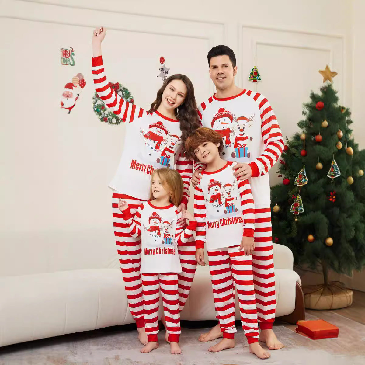 Christmas Family Matching Pajamas with Snowman Deer Letter Stripe Print