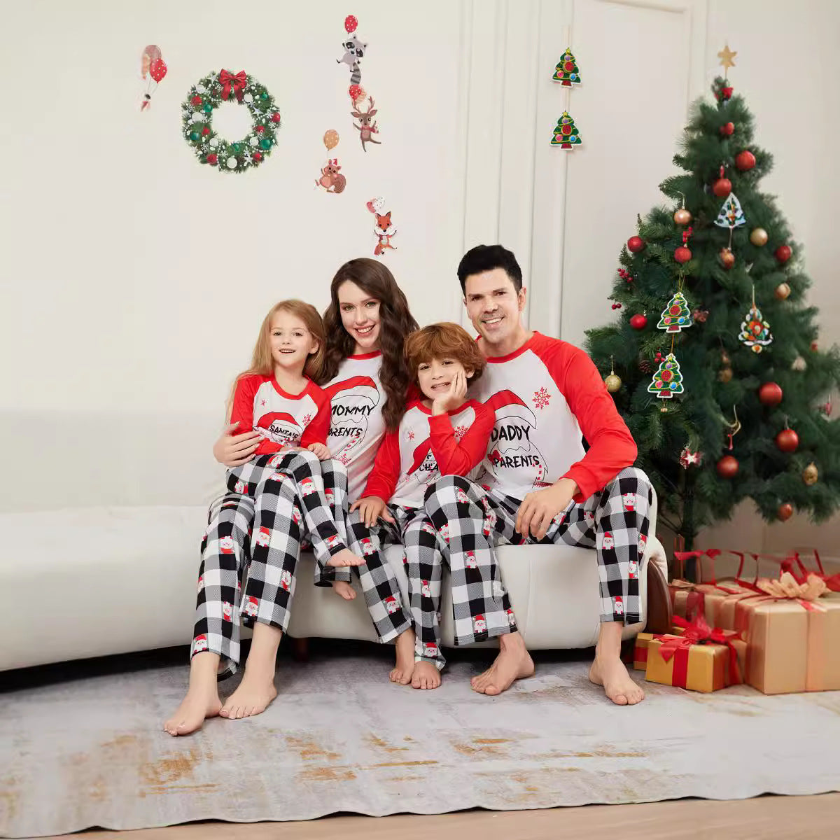 Christmas Santa Claus Letter Plaid Christmas Family Matching Printed Loungewear Pajamas