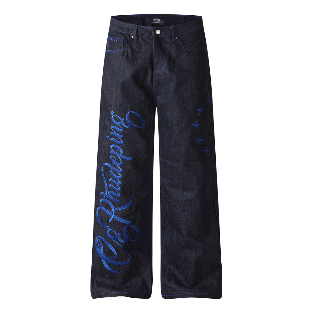 Embroidered wide leg jeans with letters