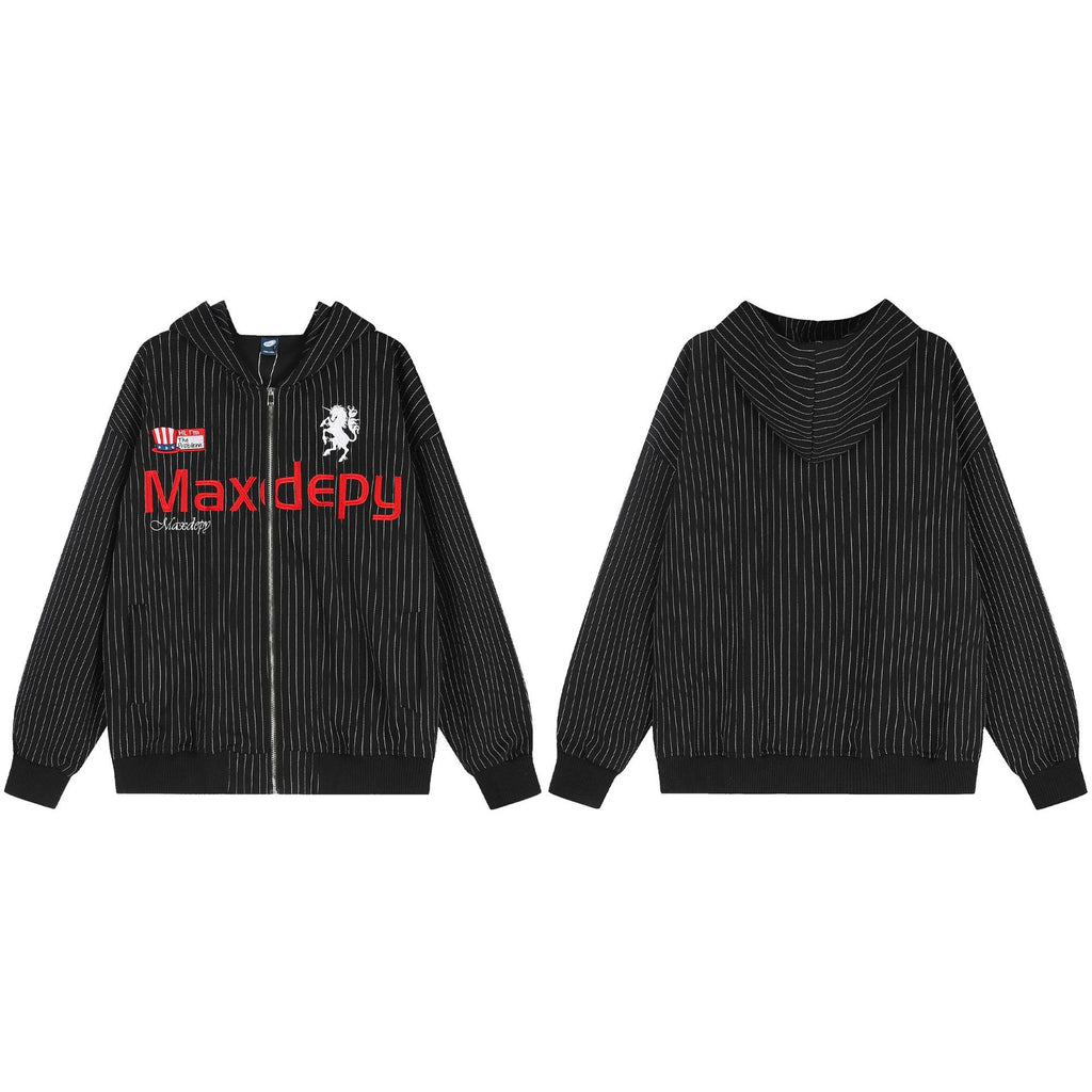 Embroidered striped hoodie cardigan with letters