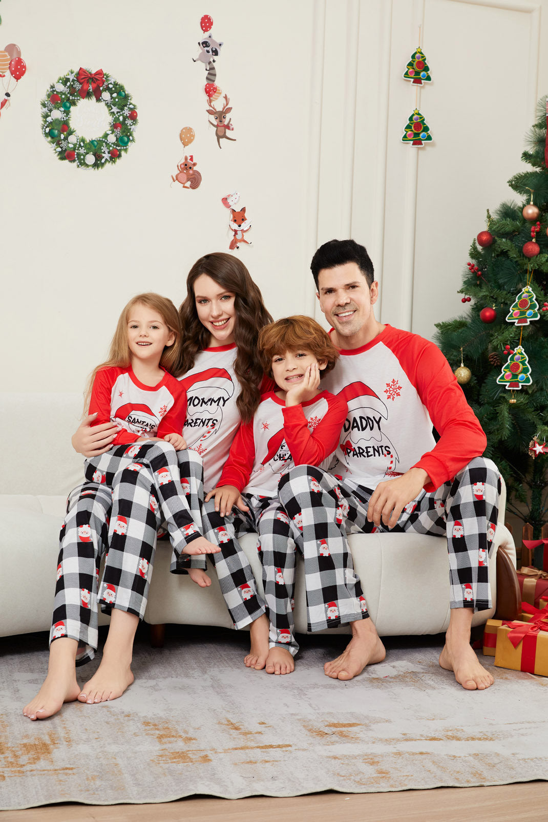 Christmas Santa Claus Letter Plaid Christmas Family Matching Printed Loungewear Pajamas