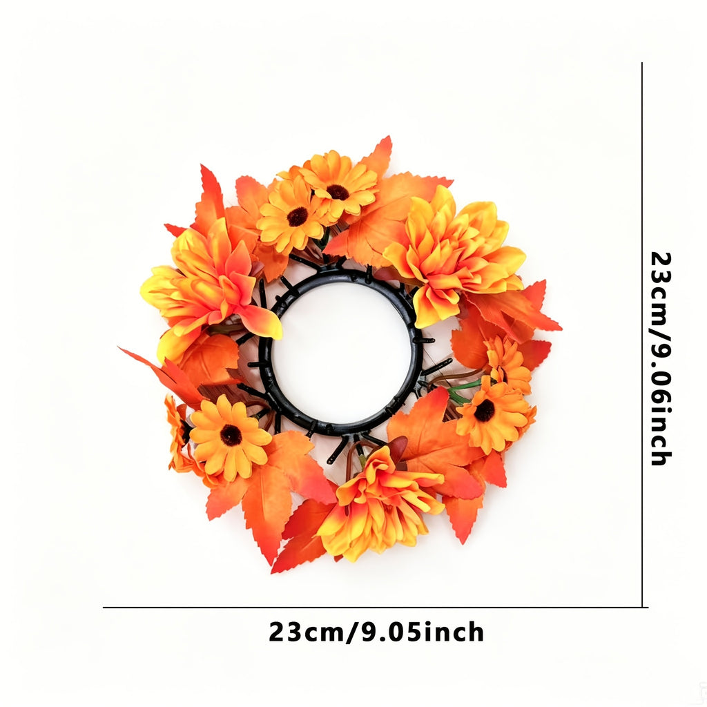 Artificial Flower Wreath with Maple Leaves and Sunflowers, Table Centerpiece for Living Room, Thanksgiving and Harvest Festival Decoration, Candle Holder Wreath