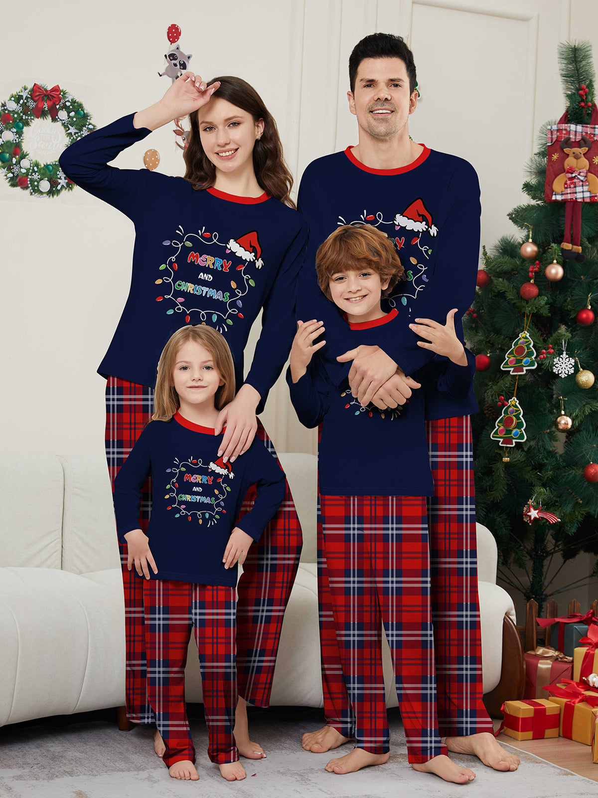 Christmas Hat Letter Light Strip Christmas Family Matching Printed Loungewear Pajamas