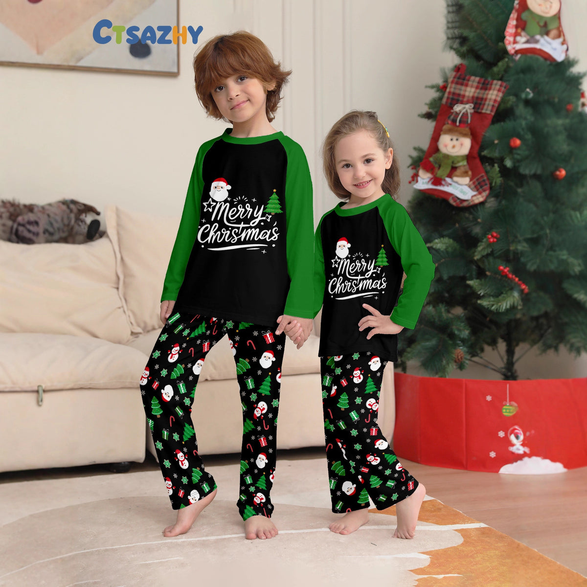 Christmas Family Matching Pajamas Long Sleeve and Pants with Christmas Tree, Santa Claus Letters Green Home Wear