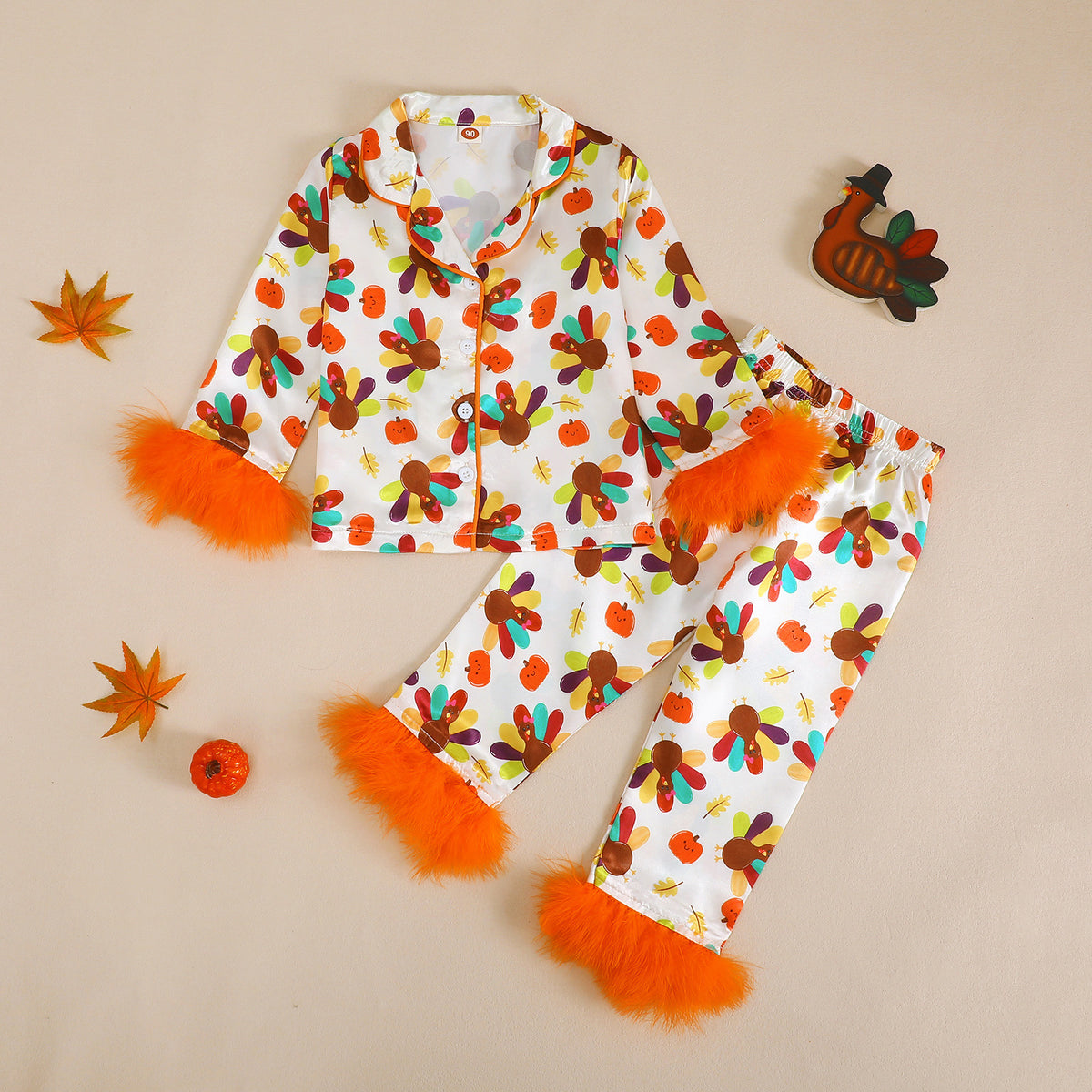 Thanksgiving Plush Sleepwear Set with Frayed Edges, Pumpkin and Turkey Print, Turn-Down Collar, Two-Piece Home Wear