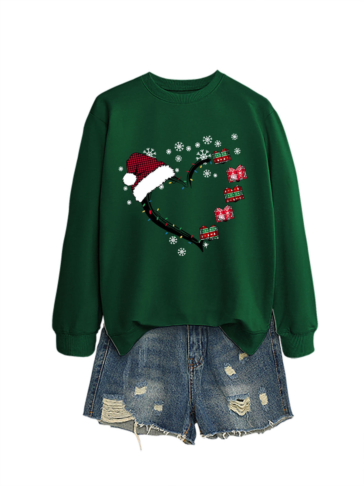 Christmas hat snowflake heart-shaped book colorful lights hoodie