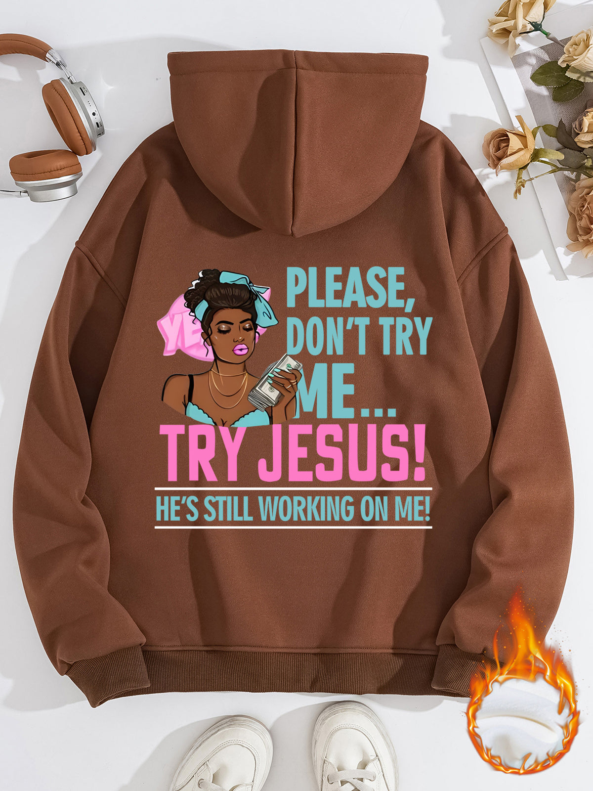 Long sleeved fleece sweatshirt top with TRY JESUS print