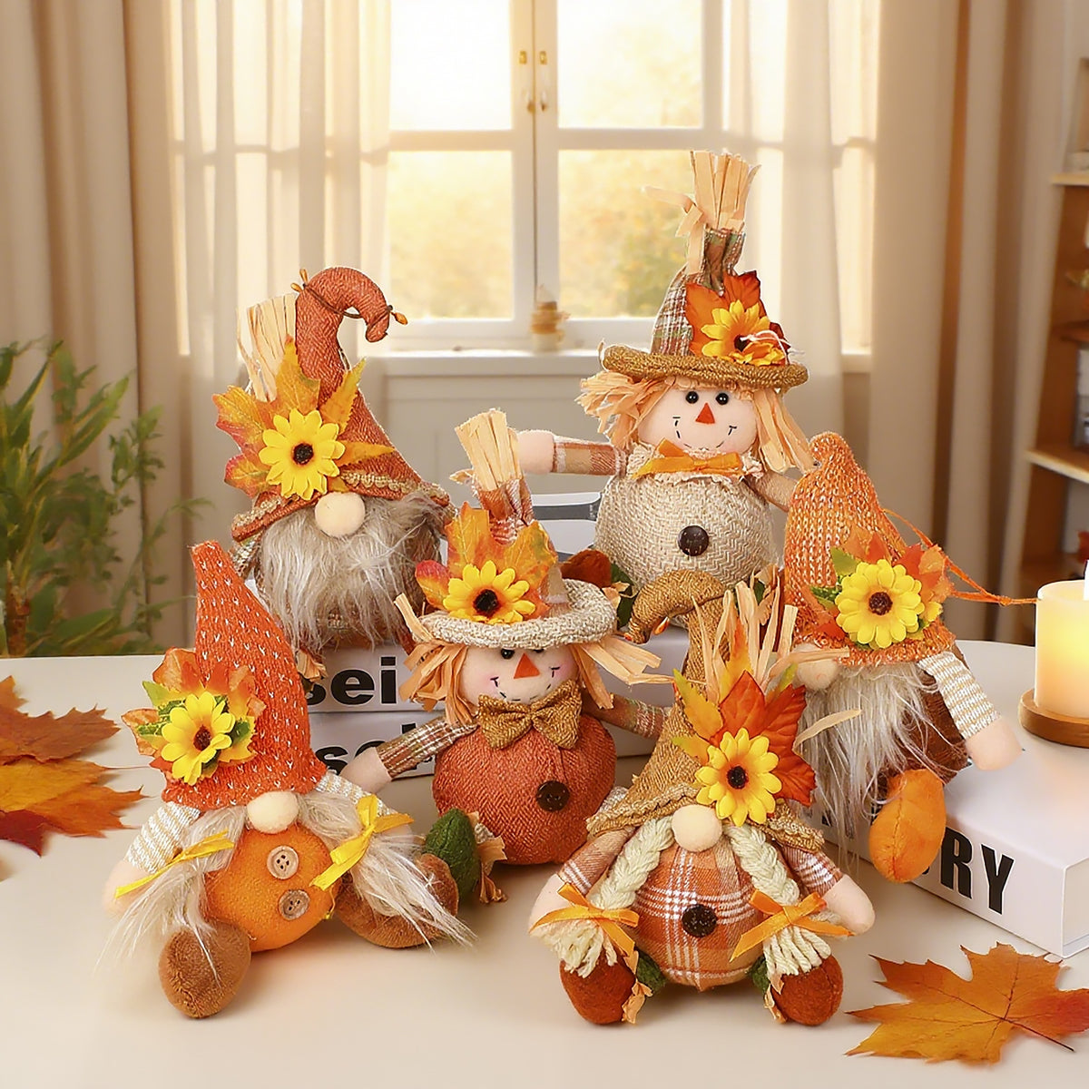 Harvest Festival Thanksgiving Sunflower Faceless Doll Autumn Scarecrow Figurine for Desk and Display Decoration