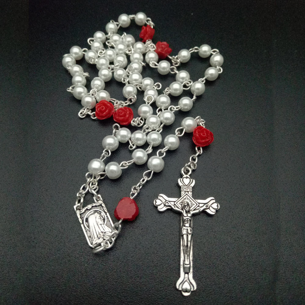 6mm Rose Flower Pearl Rosary Necklace Cross Christian Catholic Jewelry