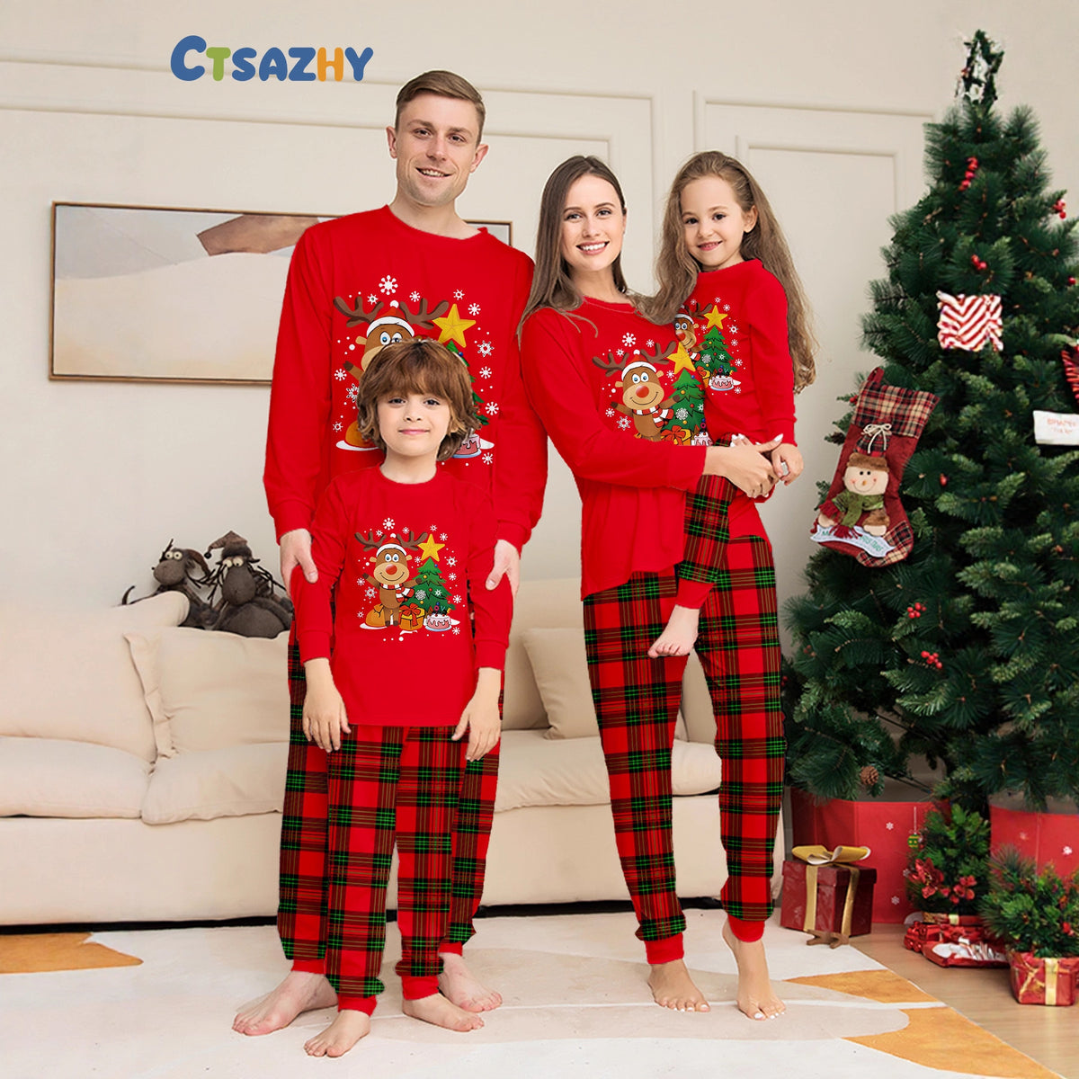 Family Christmas Pajamas Set with Reindeer and Tree Design  Matching Outfit for Kids and Parents
