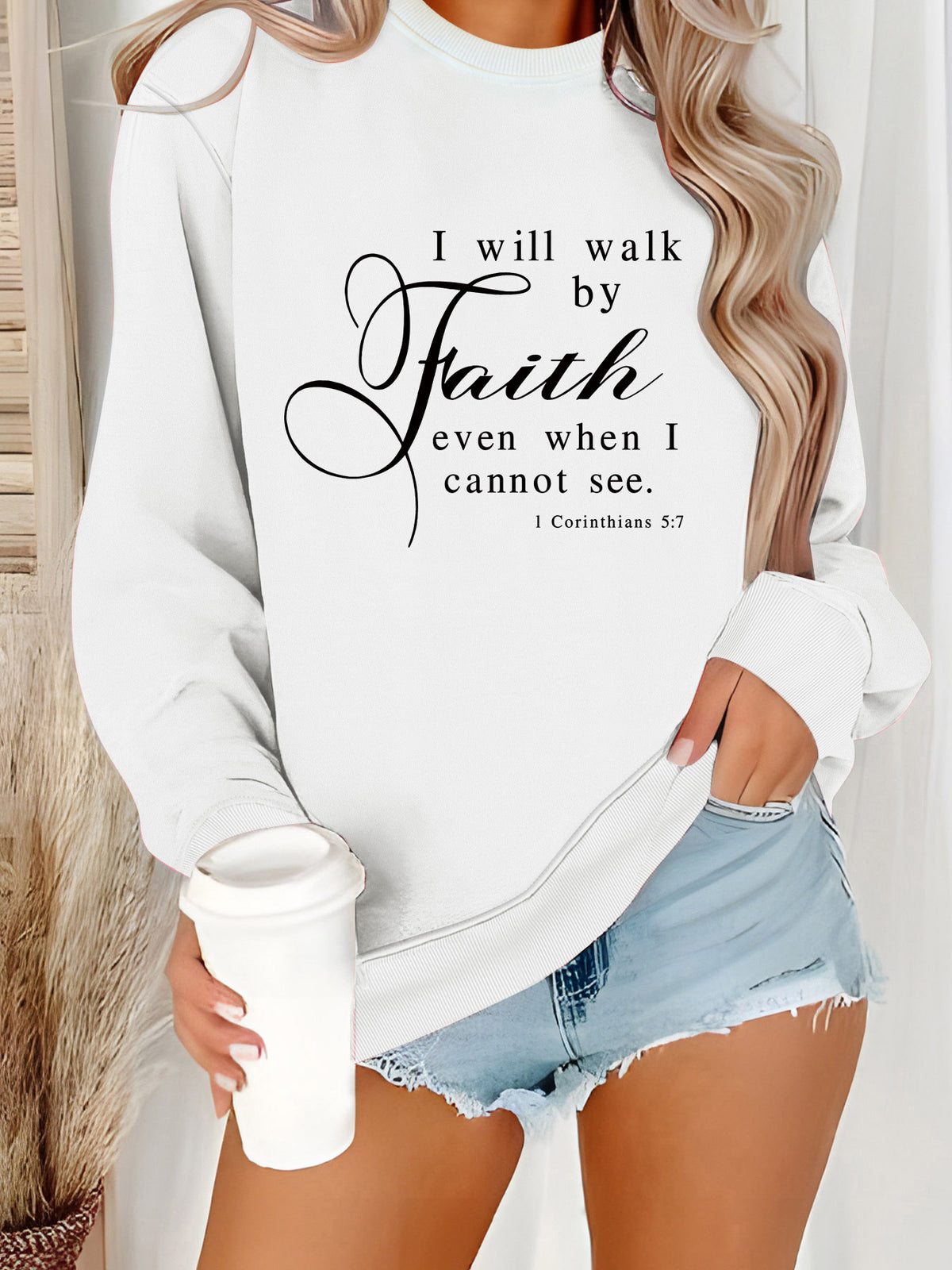 Round neck Faith Letter printed pullover sweatshirt sweatshirt