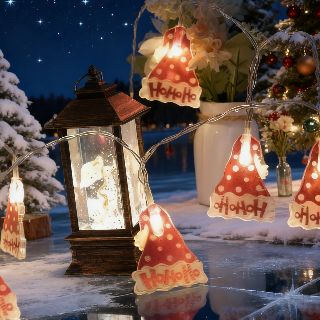 Colorful Christmas hats, Christmas lights, LED light strings