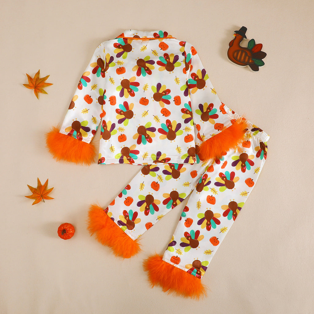 Thanksgiving Plush Sleepwear Set with Frayed Edges, Pumpkin and Turkey Print, Turn-Down Collar, Two-Piece Home Wear
