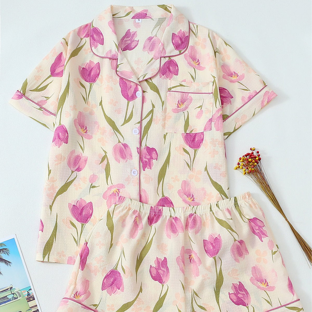 Purple Chrysanthemum Pleated Pajamas for Women, Bubble Crepe Sleepwear