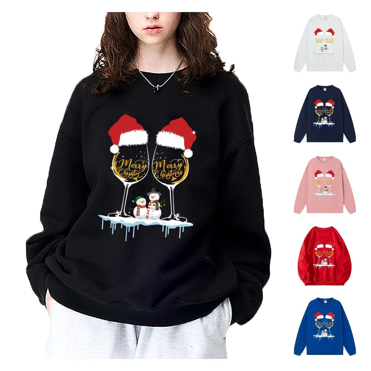 Christmas ladies hoodie Christmas hat red wine snowman print