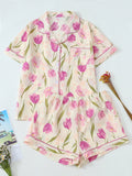 Purple Chrysanthemum Pleated Pajamas for Women, Bubble Crepe Sleepwear