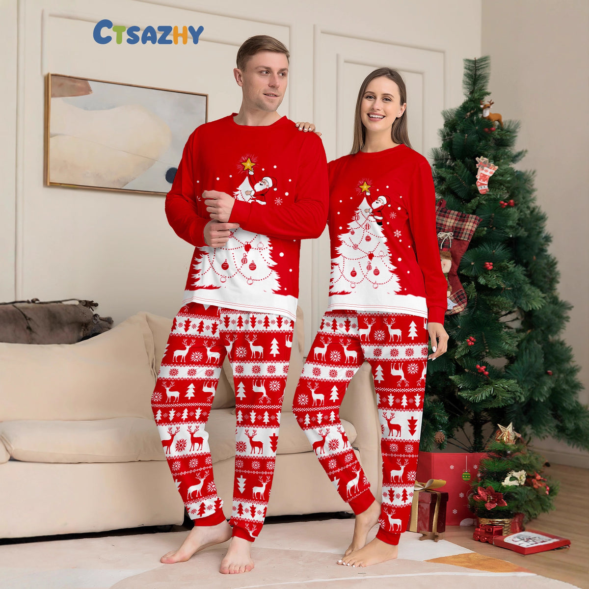 Family Christmas Pajamas White Christmas Tree and Deer Print Sleepwear, Red Home Wear