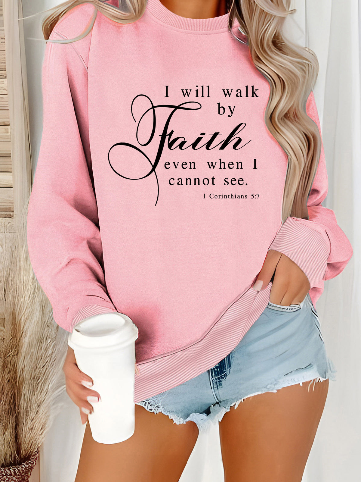 Round neck Faith Letter printed pullover sweatshirt sweatshirt