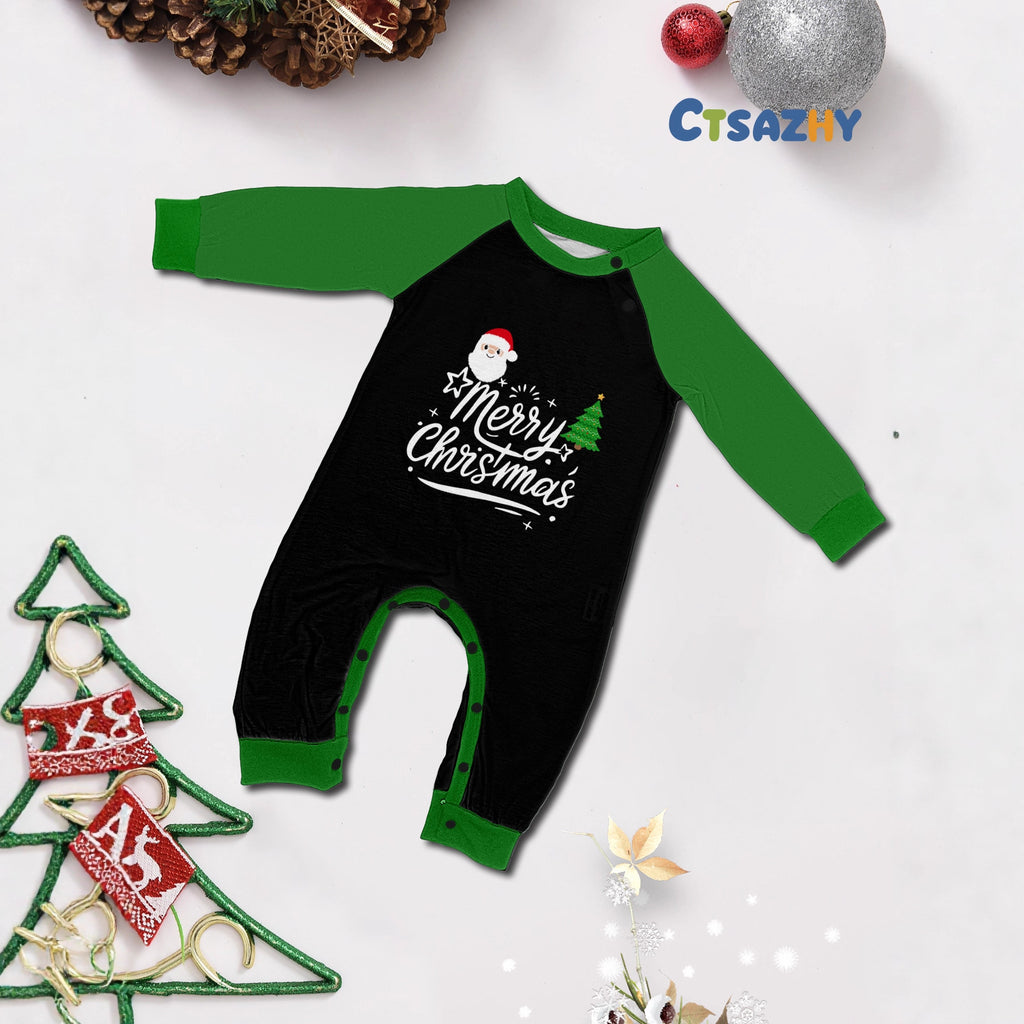 Christmas Family Matching Pajamas Long Sleeve and Pants with Christmas Tree, Santa Claus Letters Green Home Wear