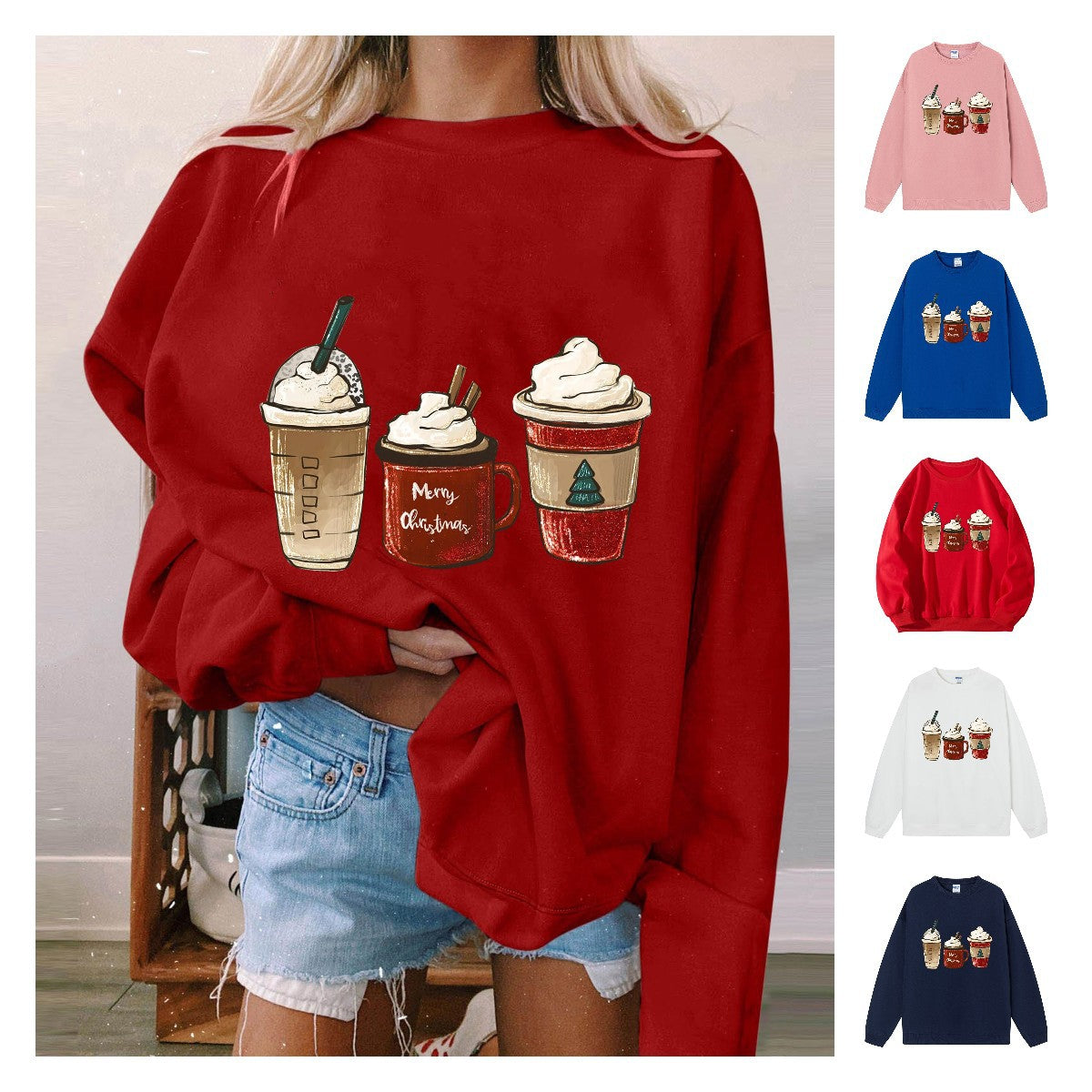 Christmas hoodie, ladies' shoulder down long sleeved Christmas ice cream