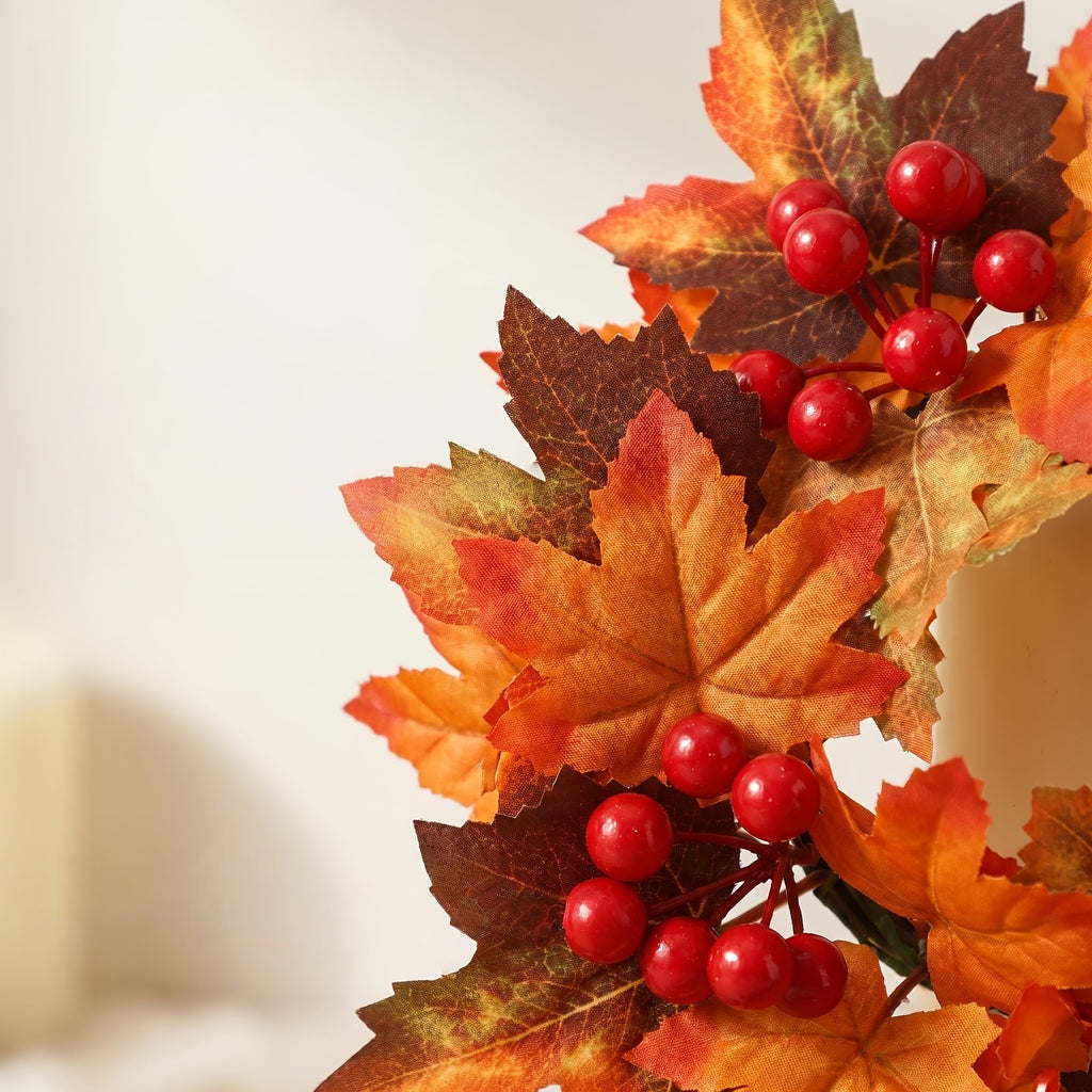 Faux Flower Wreath with Red Berries and Maple Leaves for Table and Living Room Decoration, Thanksgiving and Harvest Festival Berry Decor, Candle Holder Wreath