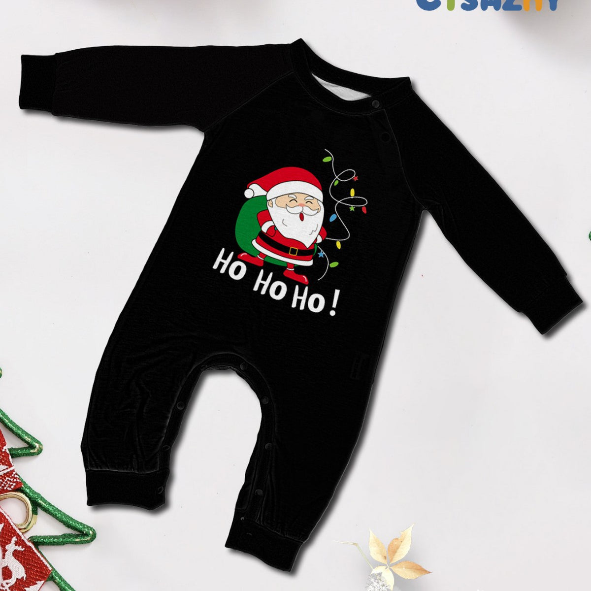 Family Christmas Pajamas Set with Santa Backpack Black Home Wear for Holiday Photos