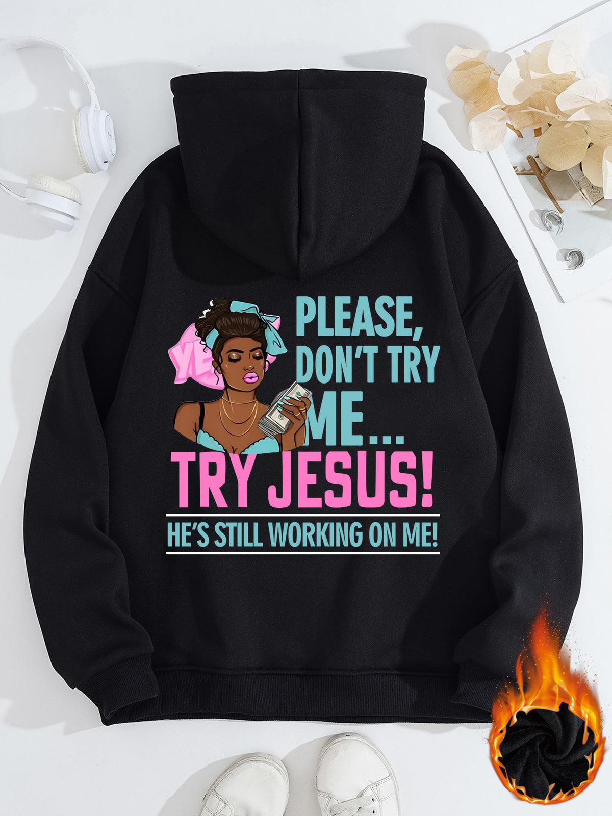 Long sleeved fleece sweatshirt top with TRY JESUS print