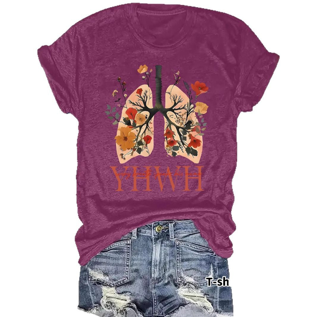 Floral Christian faith pattern round neck loose short sleeved shirt