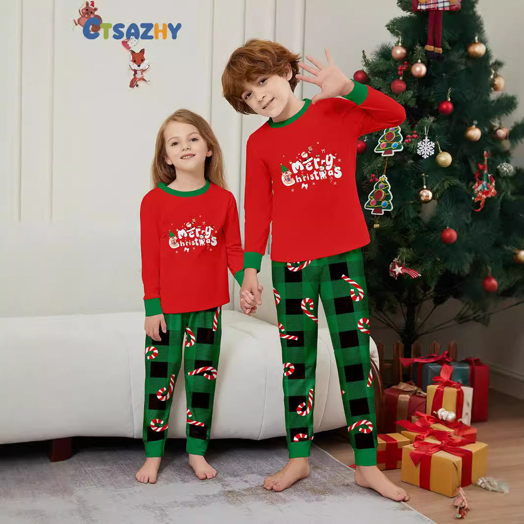 Christmas-themed Family Matching Pajamas with Deer Letter and Candy Cane Print Home Wear