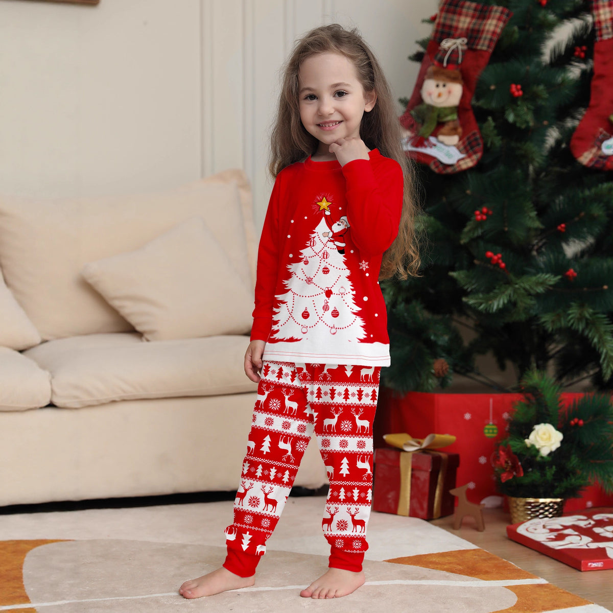 Family Christmas Pajamas White Christmas Tree and Deer Print Sleepwear, Red Home Wear