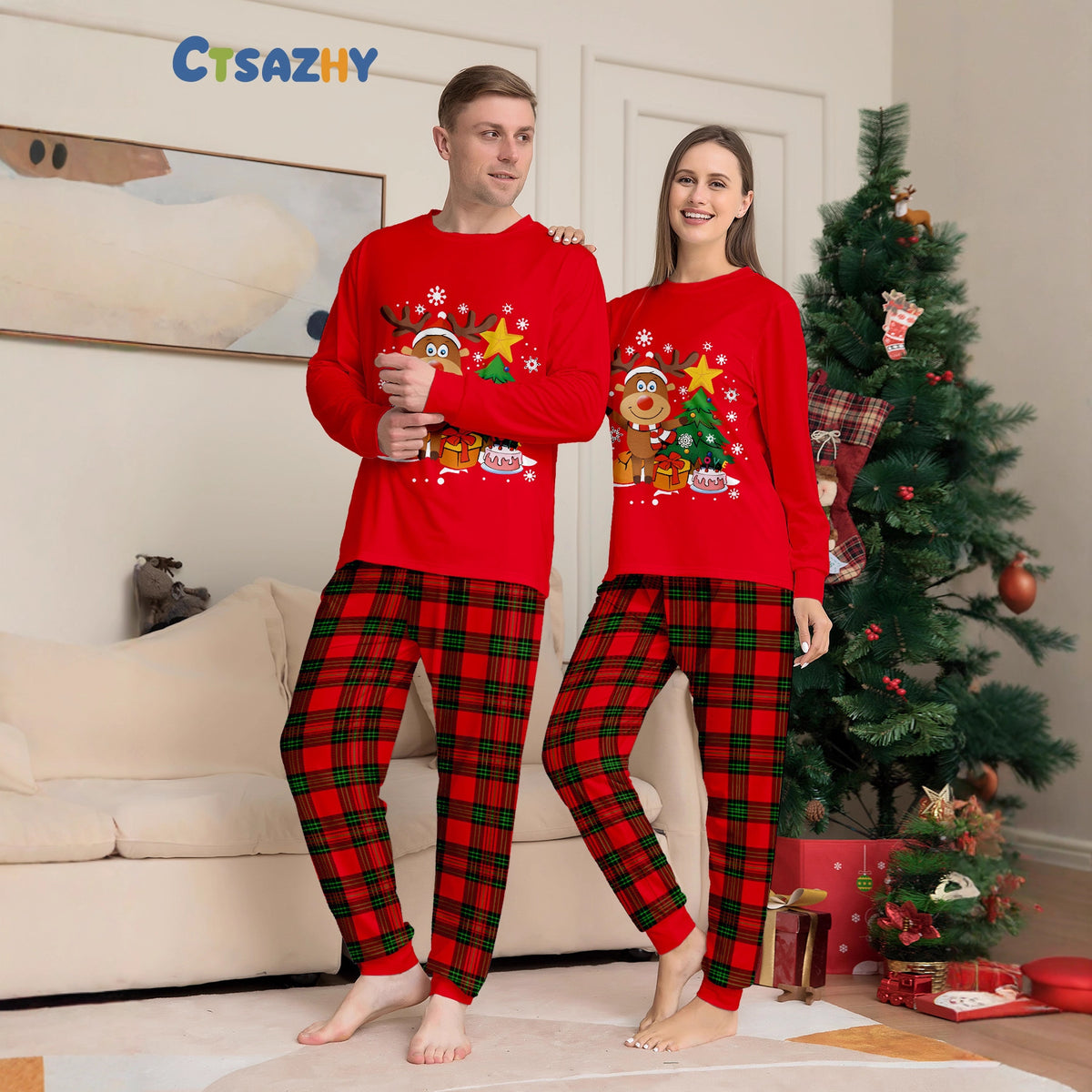 Family Christmas Pajamas Set with Reindeer and Tree Design  Matching Outfit for Kids and Parents