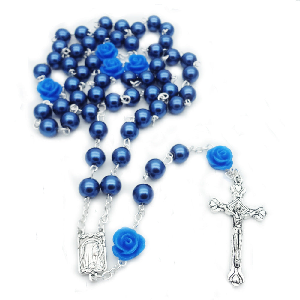 6mm Rose Flower Pearl Rosary Necklace Cross Christian Catholic Jewelry