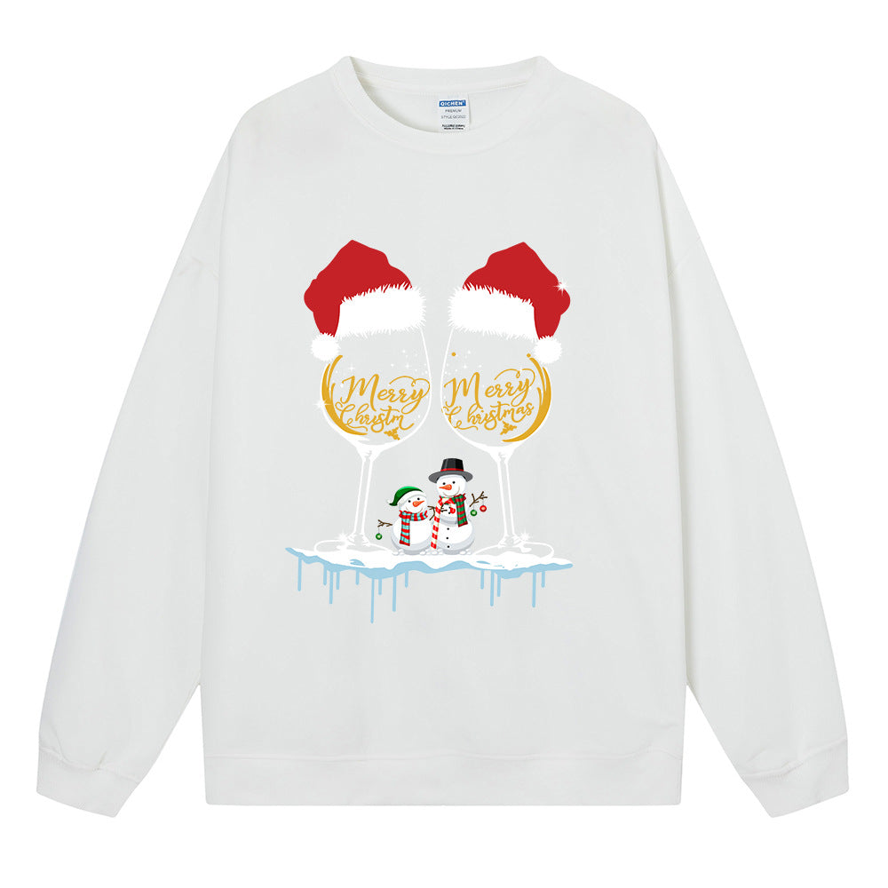 Christmas ladies hoodie Christmas hat red wine snowman print