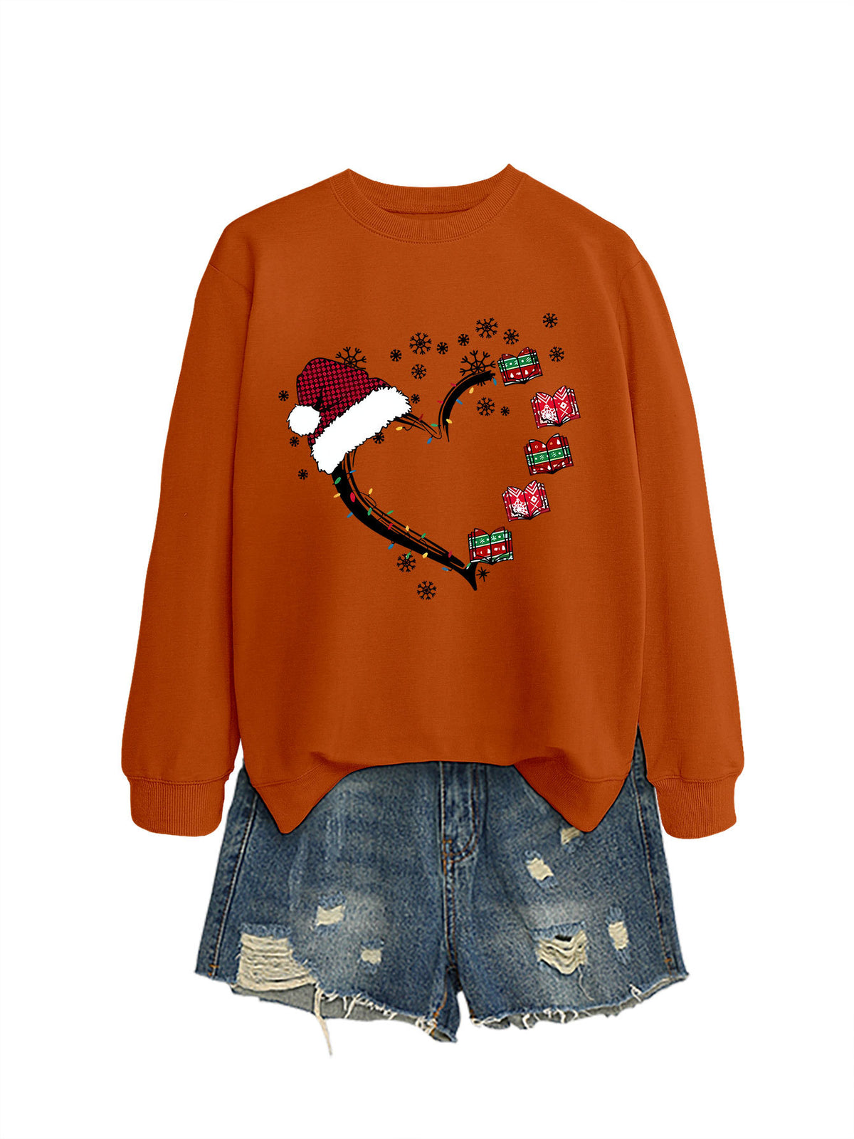 Christmas hat snowflake heart-shaped book colorful lights hoodie