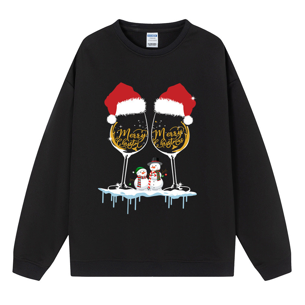 Christmas ladies hoodie Christmas hat red wine snowman print